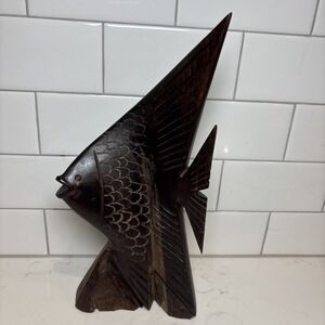Vintage‎ Hand Carved Wooden Folk Art Tropical Angel Fish Angelfish 13" Signed